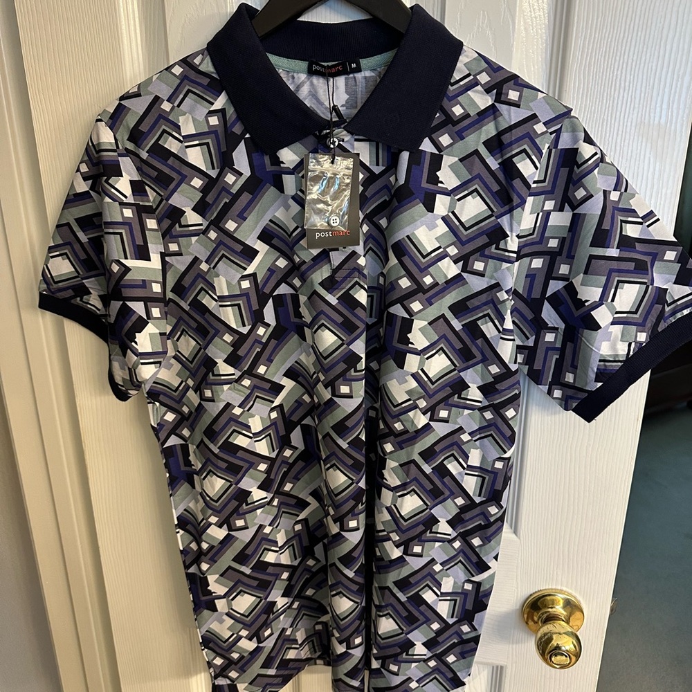 Men’s PostMarc Geometric Patterned Polo Shirt - Navy and Gray